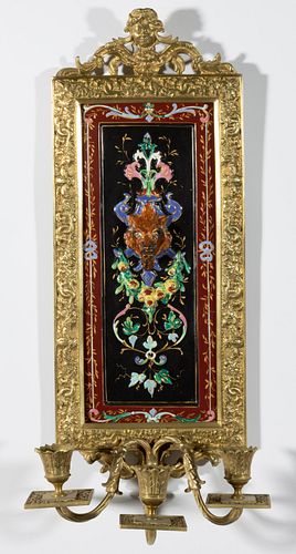FRENCH GILT-BRASS AND FAIENCE WALL SCONCE,