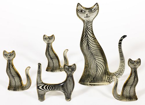 ABRAHAM PALATNIK (BRAZILIAN, 1928-2020) MID-CENTURY MODERN ACRYLIC FIGURAL CATS, LOT OF FIVE,