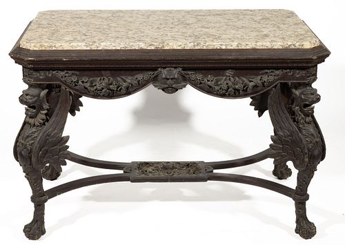 R.J. HORNER (NEW YORK, 1854-1922), ATTRIBUTED, CARVED MAHOGANY MARBLE-TOP CONSOLE TABLE,
