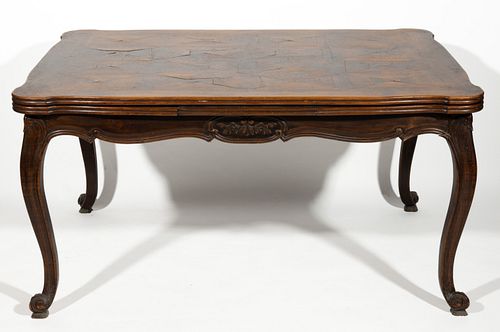 FRENCH LOUIS XV-STYLE WALNUT PARQUET TOP DINING TABLE,