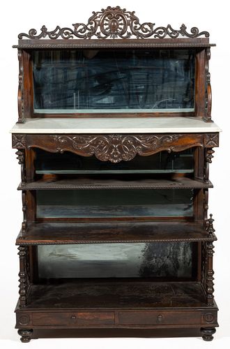 VICTORIAN CARVED ROSEWOOD MIRRORED ETAGERE,