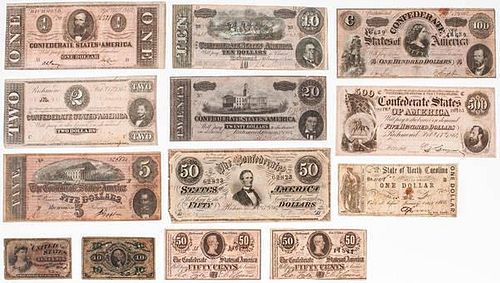 Confederate & U.S. Fractional Currency, Group of 13 Notes 