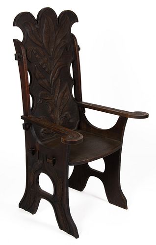 ENGLISH ARTS & CRAFTS CARVED OAK ARM CHAIR