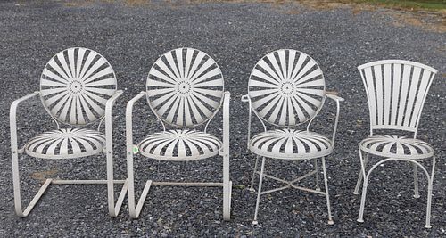 FRANCOIS CARRE ATTRIBUTED, SUNBURST METAL SPRING GARDEN CHAIRS, LOT OF FOUR,