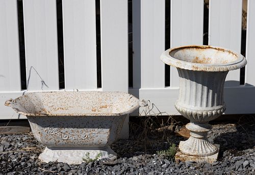 ASSORTED CAST-IRON GARDEN PLANTERS, LOT OF TWO, 