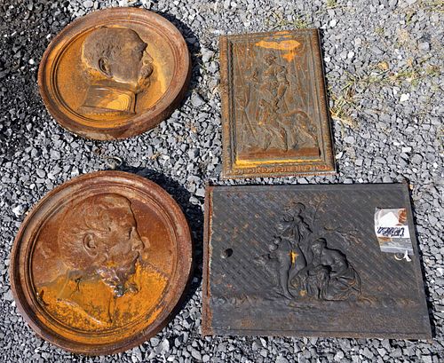 ASSORTED CAST-IRON RELIEF-MOLDED ARCHITECTURAL FIGURAL PLAQUES, LOT OF THREE, 