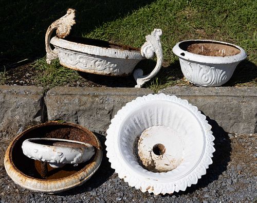 ASSORTED CAST-IRON PLANTER / FOUNTAIN COMPONENTS, LOT OF SIX, 