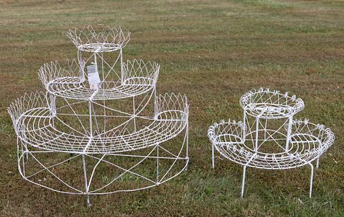 ASSORTED VICTORIAN PAINTED WIRE GARDEN DEMI-LUNE AND TIERED PLANT STANDS, LOT OF TWO 