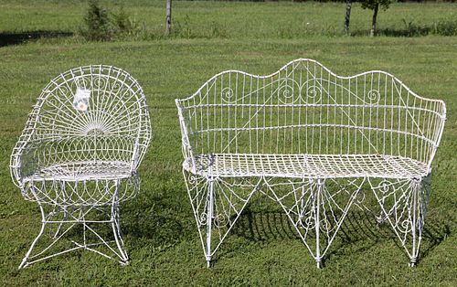 ASSORTED VICTORIAN PAINTED WIRE GARDEN SEATING, LOT OF TWO, 