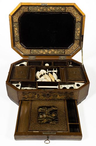 CHINESE EXPORT GILDED LACQUER SEWING / WRITING BOX,