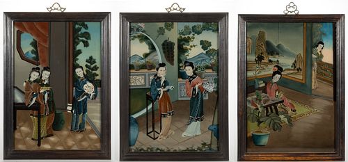 CHINESE REVERSE-PAINTED GLASS PICTURES / PAINTINGS, LOT OF THREE,