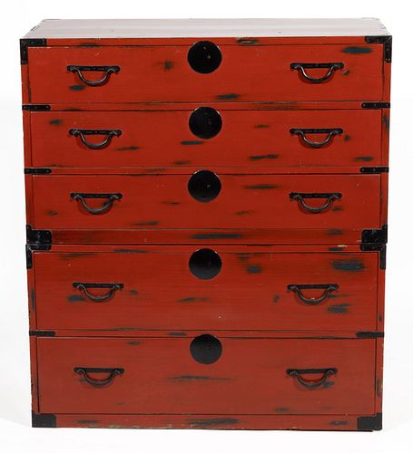 JAPANESE RED-LACQUER TANSU CHEST,
