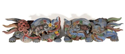 PAIR OF ASIAN CARVED AND PAINTED WOODEN FOO DOGS / DRAGONS,