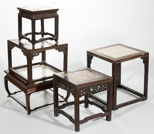 CHINESE ASSORTED ROSEWOOD AND MARBLE MINIATURE TABLES / DISPLAY STANDS, LOT OF FIVE,
