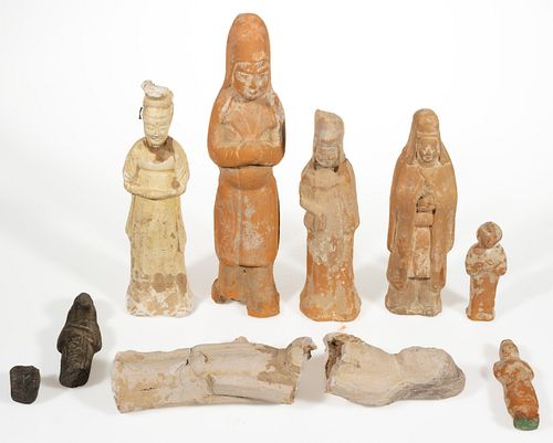 CHINESE CLAY / TERRACOTTA FUNERARY AND OTHER FIGURES, LOT OF EIGHT,