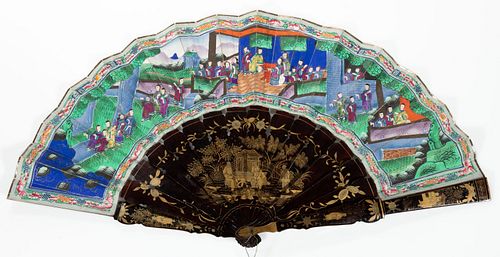 CHINESE LACQUER AND WATERCOLOR HAND FAN,
