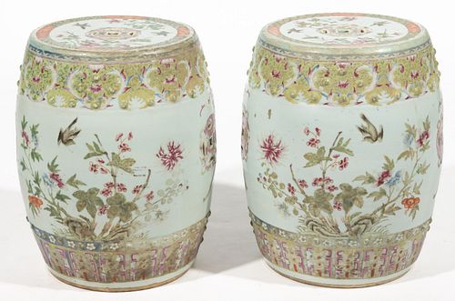 CHINESE EXPORT PORCELAIN FAMILLE ROSE PAIR OF GARDEN SEATS,