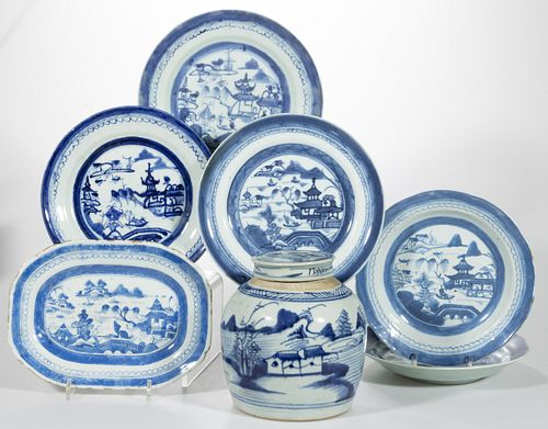 CHINESE EXPORT PORCELAIN BLUE AND WHITE CANTON TABLE ARTICLES, LOT OF SEVEN,