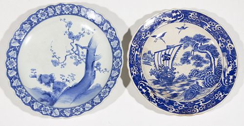 JAPANESE EXPORT BLUE AND WHITE PORCELAIN CHARGERS, LOT OF TWO,