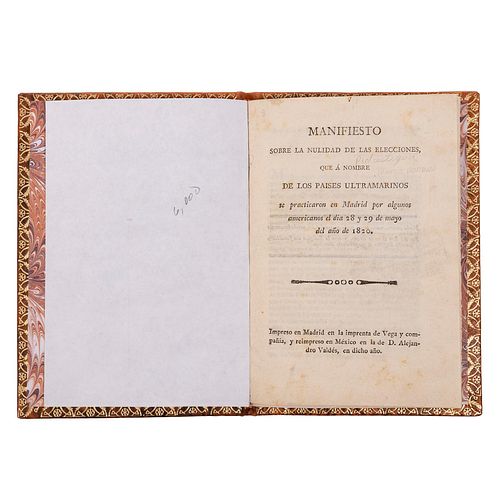 Vidaurre, Manuel de. Manifiesto sobre la Nulidad de las Elecciones que á Nombre de los Países Ultramarinos. México, 1820.