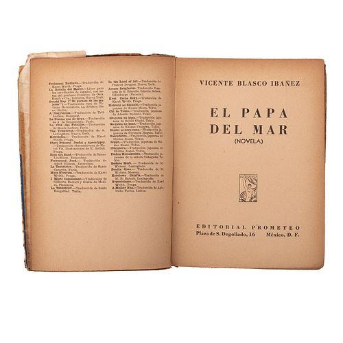Blasco Ibáñez, Vicente. El Papa del Mar. México: Editorial Prometeo. Primera edición mexicana. Cubierta Ilust. de Josep Renau.