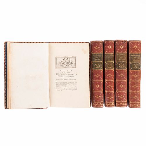 Boccaccio, Giovanni. Il Decamerone di Boccaccio. Londra: Prault, 1757 - 1761. 23 láminas numeradas cada tomo. Piezas: 5.
