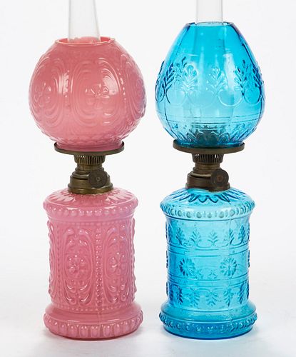 ASSORTED EMBOSSED FLORAL AND PETAL PATTERNED MINIATURE LAMPS, LOT OF TWO,