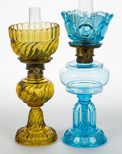 ASSORTED COLORED GLASS MINIATURE STAND LAMPS, LOT OF TWO,