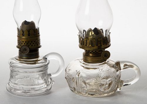 ASSORTED PATTERN MINIATURE FINGER LAMPS, LOT OF TWO,