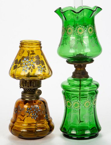 ASSORTED VICTORIAN DECORATED PANEL OPTIC MINIATURE LAMPS, LOT OF TWO,