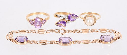 Four Pieces of Gold, Amethyst and Pearl Jewelry
