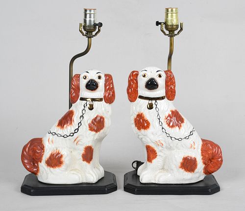 A Pair of Staffordshire Seated Spaniel Table Lamps