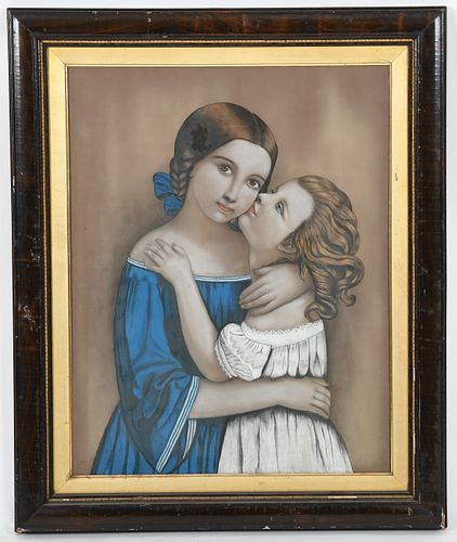 Portrait of two young girls, oil pastel on paper