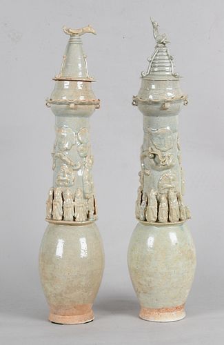 Pair of Chinese funerary covered urns, Song Dynasty