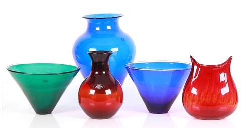 Five Blenko glass vessels, modern