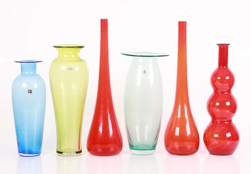 A group of five Blenko glass vases and another