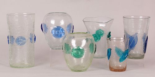 Six Blenko crackle glass colorless vases