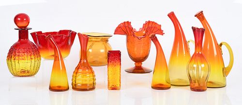 A group of Blenko tangerine glass table articles