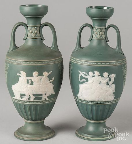 Pair of Mettlach teal jasperware urns, #7058, 14 1/2'' h.