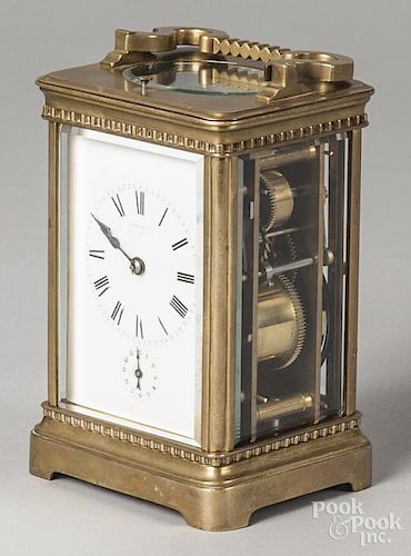 French brass carriage clock, retailed by Tiffany & Co., 6'' h.