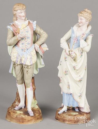 Pair of bisque figures of a young man and woman, 15'' h.