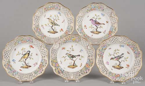 Five Meissen reticulated porcelain plates, 9 1/2'' dia.