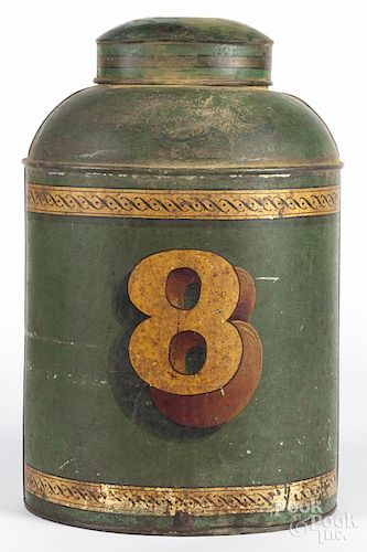 Painted #8 tin bin, late 19th c., 17 1/2'' h.