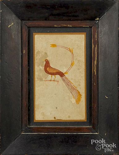 Watercolor fraktur, 19th c., of a peacock, 7'' x 4''.