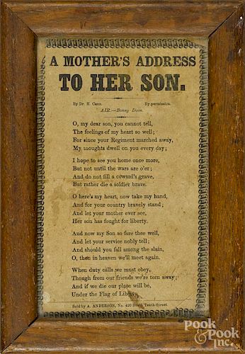 Printed poem by A. Anderson, A Mother's Address to her Son, 7 1/2'' x 4 1/2''.