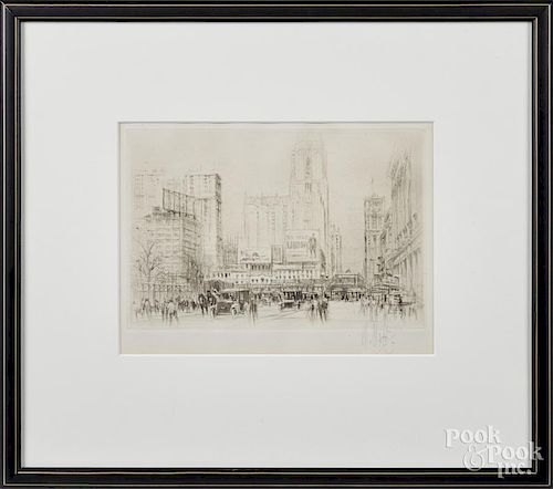 Three etchings, early 20th c., of city scenes, all signed indistinctly.