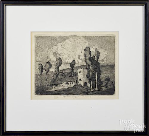 William Lee Hankey (British 1869-1952), etching of a landscape with a house, signed lower middle