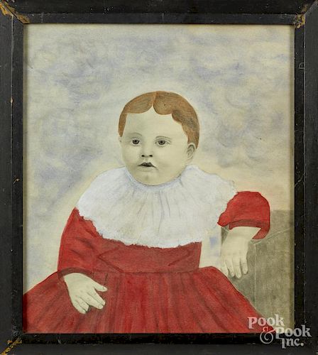 American watercolor and pencil folk portrait of a child in a red dress, 19th c.