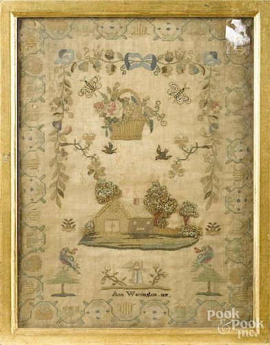 English silk on linen sampler, dated 1819, wrought by Ann Warrington, 16'' x 12''.
