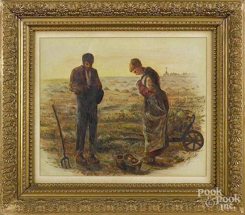 Mixed media of two figures working a field, early 20th c., 15'' x 18''.